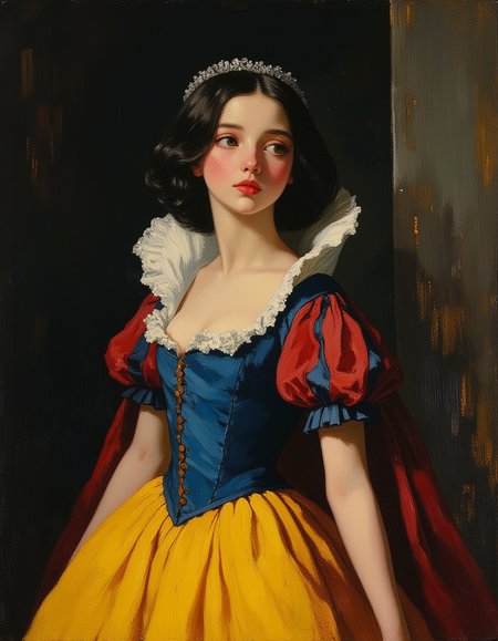 oil painting of a teen Snow White who is wearing her classic yellow, blue, and red princess dress. Snow White has pale skin, petite body, black hair, red lips, and is wearing Victorian dress that is corseted, hooped, and bustled. She is wears a silver circlet on her head. She tries to remain prim and proper, although she's blushing embarrassed. top light, masterful painting, oil on canvas, Focus on the Snow White, shadow and light, Masterpiece, intricate lines, intriguing atmosphere, sharp magnificent details, delicate features, elaborate details, (2\3 rule composition:0.5), ultra detailed, romantic, Rembrandt lighting, brush stroke, lovely, del1cate_balance style, novuschroma, in the style of Rembrandt. vantablack <lora:style_of_Rembrandt_FLUX_135:.8> <lora:- Flux1 - vanta_black_V2.0:.3> <lora:Delicate_Balance:.3> <lora:113_novuschromaFLX_1:.4> <lora:neeeg_f1:-1> <lora:Midjourney_Whisper_Minimal:.4>