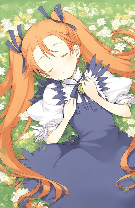 score_9, score_8_up, score_7_up, source_anime, rating_explicit, BREAK  <lora:Aliese_Martini_Ver2.0_XL:1> aliese_martini,
1girl, solo, flower, twintails, dress, long hair, closed eyes, hair ornament, lying, orange hair, very long hair, ribbon, hair ribbon,