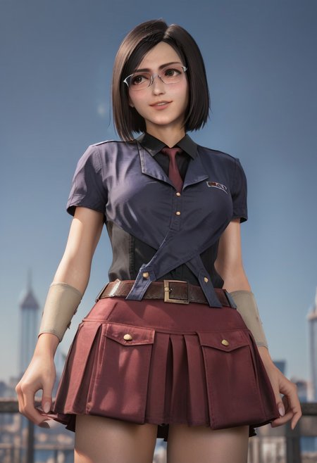 highly detailed, realistic, fine fabric detail, absurdres, highly-detailed, best quality, source_anime.
BREAK
1girl, 19yo, nayo_ffvii, short hair, bobcut, black hair, brown eyes, lips, medium breasts, nose, glasses, blue shirt, black undershirt, collar, collared shirt, red necktie, belt, skirt, miniskirt, red skirt, pleated skirt, chest logo, white bracelet, thighhighs, zettai ryouiki, fishnets thighhighs, brown boots, 
BREAK
city night background, depth of field, soft smile, looking away, parted lips, portrait, undressing, detailed eyes, 
BREAK
v pose, sensual, from bellow view, multiple views.