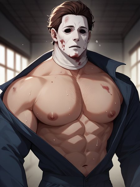 M_myers man, muscular, wearing blue jumpsuit, mask, brown hair, horror, dark lighting, blood, exposed chest, big pecs, muscular, sweating, looking at viewer, pulling open jumpsuit, dark abandoned house background  <lora:Michael_Myers:.7>, score_9, score_8_up, score_7_up, <lora:Smooth Anime 2 Style SDXL_LoRA_Pony Diffusion V6 XL:.3>   <lora:add-detail-xl:.8>  zPDXL3,