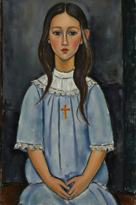 amedeomodigliani1 painting. A seated young girl dressed in a light blue garment with lace trim and a cross emblem on her chest. She has long, dark hair, and her hands are clasped together in front of her. <lora:amedeomodigliani1_cap_d6a3e8:1.0><lora:847295353681127382:0>