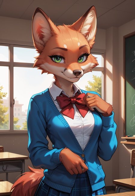 safe_pos, score_9, score_8_up, score_7_up, highres, high quality, perfection, masterpiece, detailed,
indoors, school, classroom, morning, sunrise, golden hour,
1girl, solo, no humans, upper body,
furry female, (anthro fox girl: 1.2), detailed fur, fox fur, vibrant fur, beautiful girl, cute girl, young adult, youthful, (bald girl, bald head, hairless, no hair), petite girl, detailed face, beautiful face, eyelashes, perfect eyes, detailed eyes, green eyes, medium breasts, fluffy tail, (detailed hands), 5fingers,
clothed, school uniform, white shirt, light-blue cardigan, light-blue skirt, white stockings, red bowtie, 
standing, looking at viewer, smug,