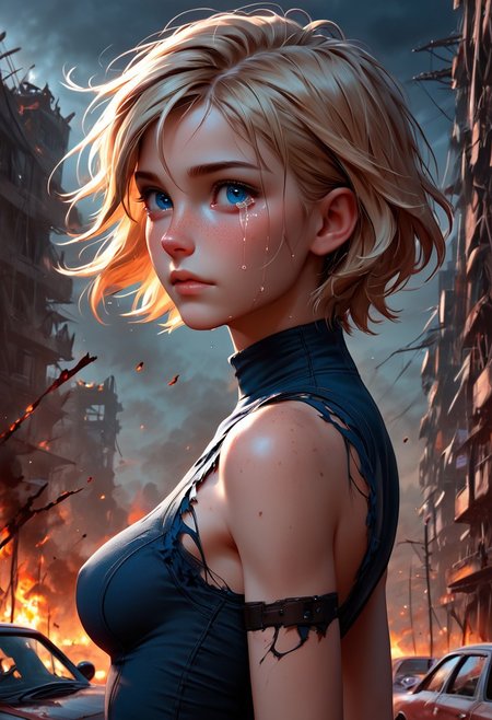 1girl, Masterpiece, 4k, ultra high detail, score_9, score_8_up, score_8, petite, medium breast, short blonde hair, fcNeg, stunning blue eyes, freckles, white skin, small nose, innocent beauty, slim face,  skinny petite body, 
Torn sport clothes
Dark sky, burning sky, nighttime, night, 
Fear in her eyes, crying, 
Sideview,  Apocalyptic scene, burning skyscraper, burning city, derstroyed cars, a huge asteroid swarm in the sky, 
Many asteroids in the sky, 
End of the World, 
negative_hand, NightScapes,