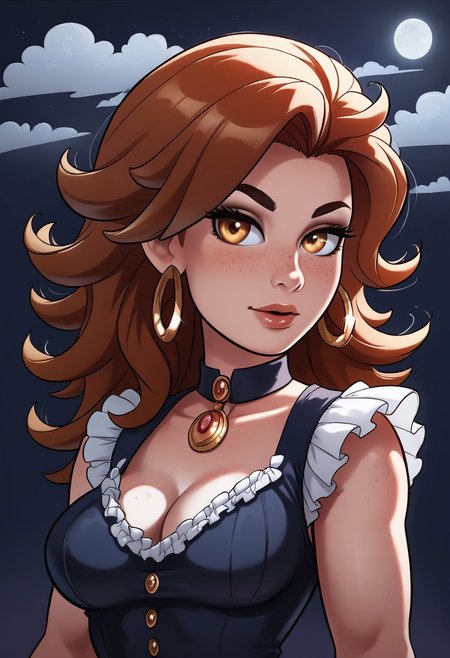 score_9, score_8_up, score_8, medium breasts, (curvy), cute, eyelashes,   
BREAK, , 
night,
,,,
upper body,
(detailed eyes), soft lips, detailed skin, 
28yo girl,solo, freckles, brown hair, long curly hair, (frilled gothic dress), (hoop earring), detailxl
(young beauty, fit body:1.3), dynamic pose,
BREAK 
<lora:DandonFuga_Style_v.2_-_Pony:1.2>
score_9, score_8_up, score_7_up, score_6_up, source_cartoon, rating_explicit, Expressiveh, ((((upper body))))), dynamic pose
 (ultra realistic, 32k, masterpiece:1.2), (high detailed skin:1.1), (high quality:1.1)
(((full clothed)))
<lora:DandonFuga_Style_v.2_-_Pony:0.8>
 (8k uhd:1,4)
 <lora:add-detail-xl:1>
 <lora:Dynamic Poses:1>
