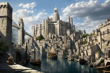 (masterpiece:1.2), (best quality,:1.2), 8k, HDR, ultra detailed, ((photorealistic)), professional light, cinematic lighting, fashion photography, ambient lighting, atmospheric effects, Numenor, a medieval fantasy harbour, some big ships, big statues, towers, walls, <lora:Numenor-10:1>, in the style of Middle Earth, Tolkien, Minas Tirith, epiCPhoto