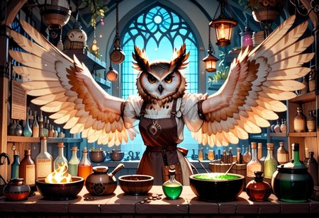 a 35mm photography of a beautiful woman, she is an owl-human hybrid, she works as an alchenist, she is in a dimly lit disorganised and dirty ancient wooden alchemy laboratory, she is wearing a grubby white blouse, brown leather trousers , brown leather apron, she has protective goggles on her forehead, potion brewing in a cauldron over a fire, shelves lined with mysterious colourful potions, her arms and hands are owl wings
owlfolk, wingarms, winged arms