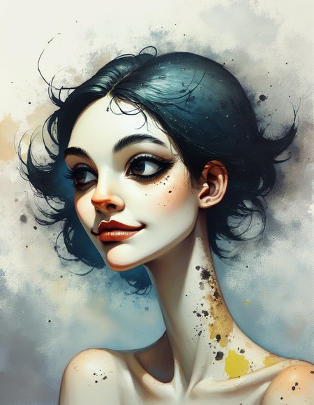 score_9, score_8_up, score_7_up, score_6_up, watercolor, A mysterious portrait of a woman with short, spiky black hair, her angular face half-hidden in shadows, her dark eyes filled with secrets, her lips slightly curved in a knowing, enigmatic smile., highly detailed, backlight <lora:ponys-dream:.9>