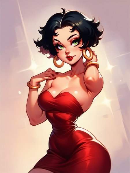 score_9, score_8_up, score_7_up, 1girl, dynamic pose, cowboy shot, light smile, looking at viewer, daylight, sexy pose, sexually suggestive, white light,
 <lora:ABettyBoop_character:1>, BettyBoopXLP, black hair, short hair, green eyes,  makeup, lipstick, hoop earrings, red dress, bracelet, strapless, narrow waist, wide hips,