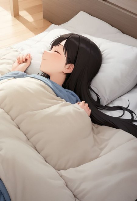 1girl, black hair, long hair, happy, light smile, 
futon, pillow, closed eyes, bed, sleeping, lying, under covers, blanket, 
masterpiece, best quality, ultra-detailed, illustration,
<lora:kakebuton_SDXL_V1:0.8>