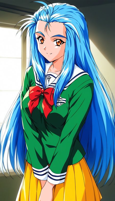 score_9, score_8_up, score_7_up, source_anime, rating_explicit, BREAK <lora:Minazuki_Kotoko_XL:1> Minazuki_Kotoko, blue hair, long hair, orange eyes, medium breasts,
1girl, solo, school uniform, light smile, looking at viewer, long sleeves, green shirt, serafuku, indoors, shirt, window, 1990s (style), Yellow skirt,
V arms,