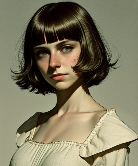<lora:LCM_LoRA_Weights_SD15:1>
<lora:rogerhaus:1> 
mature woman
frilled corset, frilled sleeves, collarbone, detached collar, 
short hair, blunt bangs, 
Dark Chestnut hair