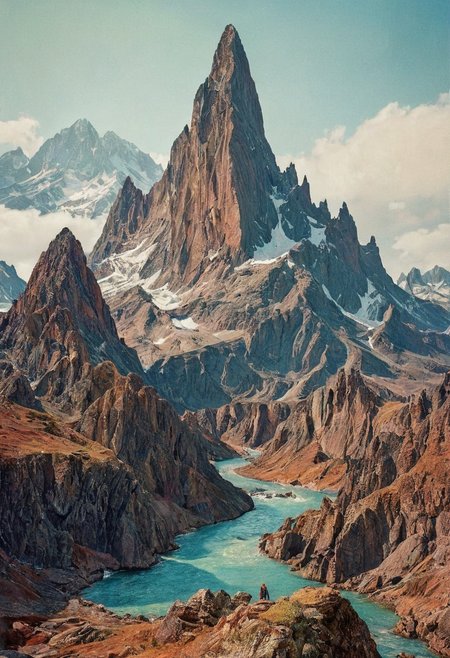 glitched wavy distortions, non-representational, colors and shapes, expression of feelings, imaginative, model,, towering mountains loom, their peaks highly detailed . extremely high-resolution details, photographic, Illustration by moebius and Pablo picasso (artist) abstract expressionism, detailed painting1930s black renaissance painting”on textured  film photography style,  medium grain, FRESHIDESH Moebius comic book