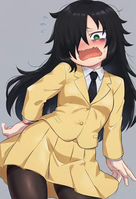 (zPDXL3), 
(zPDXLxxx), 
1girl, 
solo, 
Kaxiota,
kuroki tomoko,
long hair, black hair, green eyes,yellow eyes, hair over one eye, black pupils, messy hair, bags under eyes,
excited, wavy mouth, open mouth, blush, nose blush,
black necktie, yellow skirt, yellow jacket, necktie, skirt, jacket, closed jacket, school uniform, pantyhose, black pantyhose, blazer, long skirt, small breasts, flat chested,
school background,