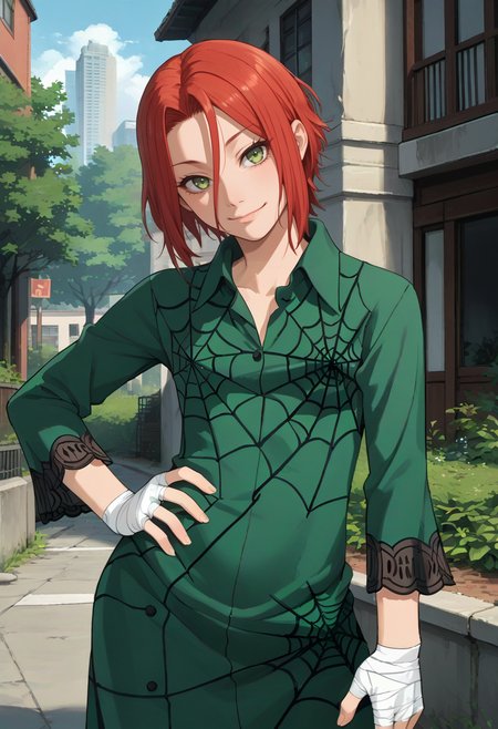 score_9, score_8_up, score_7_up, source_anime, BREAK, solo, 1girl, looking at viewer, smile, outdoors, standing, <lora:Haru-pdxl_Fp:1>, harudesu, red hair, green eyes, short hair,  <lora:Ulala-pdxl_Fp:0.7>, collared dress, green skirt, long sleeves, spider web print, green dress, head tilt, bandaged hand, hand on own hip,