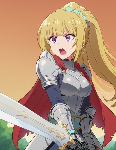 score_9, score_8_up, score_7_up, source_anime, <lora:kei-karuizawa-anime-s2-ponyxl-lora-nochekaiser:1>, kei karuizawa, long hair, bangs, blunt bangs, purple eyes, blonde hair, hair ornament, ponytail, scrunchie, blue scrunchie, medium breasts, anime screencap, <lora:sunrise-stance-ponyxl-lora-nochekaiser:1>, sunrise stance, weapon, sword, solo, open mouth, holding weapon, holding, holding sword,, <lora:knight-ponyxl-lora-nochekaiser:1>, knight, armor, cape, shoulder armor, gauntlets, helmet, pauldrons, red cape,,