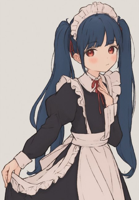 score_9, score_8_up. score_7_up,  <lora:kawaguchi:1>, kawaguchi, uncensored,
1girl,maid apron,maid headdress,white background,red eyes,simple background,long hair,black dress,looking at viewer,twintails,blue hair,long sleeves,blush,closed mouth,juliet sleeves,red ribbon,white apron,puffy sleeves,neck ribbon,alternate costume,skirt hold,cowboy shot