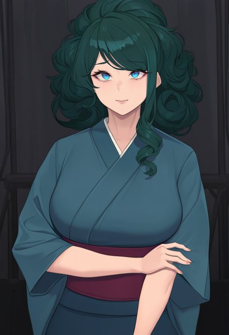 masterpiece, best quality,1girl,hand on own arm, medium breasts, mature female,big hair,curly hair,asymmetrical sidelocks,dark green hair, blue eyes,kimono,hangar    <lora:metal owl (aden12)-Style-vpred-glora-V1.1:1>