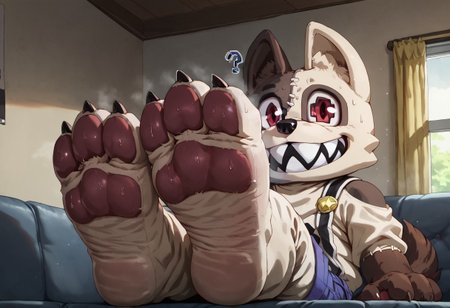 score_9, score_8_up, score_7_up, detailed background, high quality, high res, furry, 5 fingers, (3 toes), Shuichi, dog, sharp teeth, brown tail, stitches, odd pupil, red eyes, black nose, black x on belly, chubby, male, animal ears, white and brown body, 1boy, 2d, furry male, furry, solo, purple overalls, relaxed, sitting on couch, looking at viewer, inside, ?, confused expression, paws, pawpads, ((feet in viewers face, feet towards viewer, feet focus, foot fetish, sweaty feet, musk clouds))