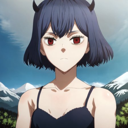 highres, sharp focus, pixiv masterpiece, highly detailed, 1girl, small_breasts,  nero-dress, Secre_Swallowtail_XL, source_anime, score_8_up, score_7_up, score_9,   <lora:Secre_Swallowtail_PonyXL_v19-000001:1> , eyelashes,  looking at viewer, headshot, forest, mountain,  from below, sky,