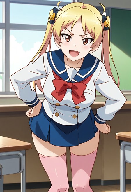 score_9, score_8_up, score_7_up, hd, (ultra hd quality details), indoors, source_anime,
solo, 1girl, suzunokirinb, twintails, hair bell, large breasts, anime screencap,
school uniform, serafuku, long sleeves, bowtie, untucked shirt, blue skirt, pink thighhighs,
looking at viewer, smile, open mouth,
leaning forward, standing, hand on hip,
<lora:_suzunoki_rin-elesico-pony-v1-08:0.9>