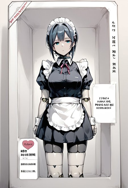 score_9, score_8, score_7 , (name on box), slave collar, sex, doll, ((sex doll in the box)),1girl, solo, 1girl,adroid1,expressionless,maid, maid apron,fair skin,