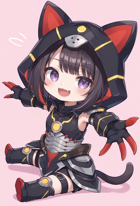(score_9:0.9),score_8_up,score_7_up,rating_safe,anime style,(zPDXL),<lora:Almudron armor ponyXL v1:0.73>, 1girl, solo, purple eyes, black mechanical cat tail, pink background, chibi, smile, black cat hood, simple background, outstretched arms, blush, :d, virtual youtuber, looking at viewer, open mouth, black hair, multicolored hair, full body, cosplay, sitting, almudron armor, black thigh armor, black knee boots, black claw gauntlets, full armor