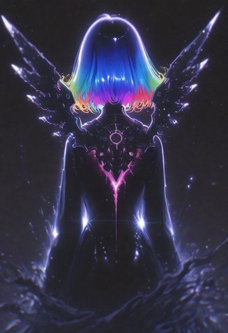 very awa,  (taro-k:0.5), (opossumachine:0.3), (maccha \mochancc\:0.25),  xxx667_illu, 15546+456868,  1girl, extremely long rainbow hair, floating hair in a black void, facing away, shiny steel mechanical wings,from behind,  no lineart, realistic, blurry,  masterpiece, best quality, newest, absurdres, very aesthetic, newest,