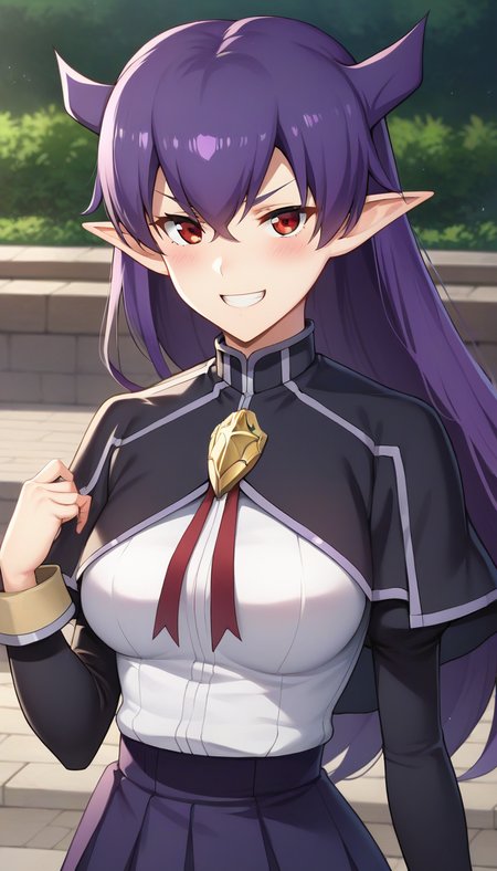 score_9,score_8_up,masterpiece,best quality,correct anatomy,anime_source,1girl,solo,perfect eyes,perfect arms,perfect legs,perfect face,outdoors,upper body,(portrait:1.5),looking at viewer,facing viewer,evil smile,blush,Maria,horns,long hair,purple hair,pointy ears,hair between eyes,parted bangs,v-shaped eyebrows,red eyes,grin,school uniform,black capelet,long sleeves capelet,brooch,choker,red ribbon,turtleneck shirt,white shirt,juliet sleeves,puffy sleeves,medium breasts,skindentation,miniskirt,purple skirt,pleated skirt,black socks,loafers,<lora:Maria(ek)-Pony:1.6>,