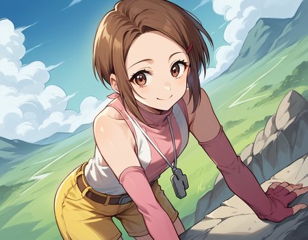 score_9, score_8_up, score_7_up, source_anime,
hikariyagami, <lora:hikari-yagami-ponyxl-lora-nochekaiser:1>,
hikari yagami, brown hair, brown eyes, hair clip, forehead,
detached sleeves, gloves, fingerless gloves, shirt, pink shirt, white shirt, two-tone-shirt, sleeveless, bare shoulders, belt, short, yellow shorts, whistle, pink sleeves, pink gloves, turtleneck,
landscape, bent over, smile,
looking at viewer, cowboy shot, solo, dutch angle,
