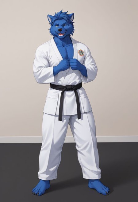 (((Barefoot furry character, full body, cinematic setting, furry male, plantigrade))) 
(((Beast from X-Man))), muscular, beefy, brawny, (((wears white kimono and lonh white pants))), (((performs karate kick))), blue fur on entire body
BREAK, detailed background, 8K, (masterpiece:1.5), intricate details, highly detailed, extreme detail, octane render, fine art, best quality, highres, (detailed face:1.5), ((full_body)), UHD, (((perfect hands))), low light