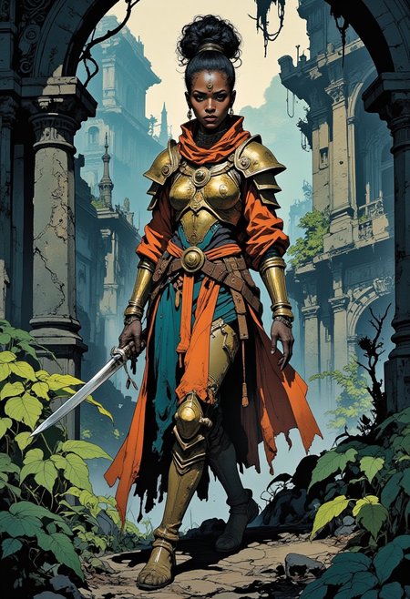 A stunning African woman in decorative armour, standing heroically in a mystical, dreamlike environment, surrounded by Ancient metal ruins, and twisted vines, dynamic movement, reminiscent of the fantasy concept art of Simon Stalenhag, Ian McQue, and Ash Thorp, with a bold, vibrant color palette