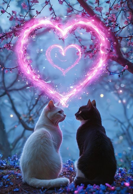 photograph of two cats sitting on a tree branch, facing each other in an intimate and harmonious pose. The left cat is black, while the right cat is white, creating a striking contrast. They are surrounded by delicate, blooming branches with small flowers, adding a serene and romantic atmosphere. The background is softly blurred, focusing the viewer's attention on the cats and their interaction. The lighting is soft, emphasizing the texture of their fur and the gentle ambiance of the scene. <lora:Anime v1.3:1.2> <lora:Blue_Future:0.9> <lora:Ethereal Brush Anime v2.0:0.6> <lora:It's a LoRA for portraits, BUT! actually specialized in backgrounds. v1.0:0.2>,pink heart in front of them,   ethereal glowing swirls, mystical light particles, dreamy atmosphere, vibrant neon mist, twilight city street, hyper-detailed fabric texture, soft illuminated fog, cinematic soft lighting, glowing blue and magenta hues, fantasy realism, enchanted night
