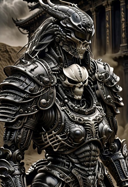 stunning, magnificent, HD, photorealistic, samurai, dramatic lighting, solo, standing alone in a desert, intricate details, intricate armor, intense gaze, mythical, legendary, powerful, ((dark, evening)), cinematic, close-up, art by hr giger,
 armor, science fiction, no humans,
 vintage painting,painting,realism,Americana art,artistic style