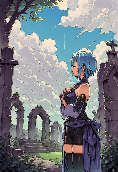 score_9, score_8_up, solo focus, solo, aqua, outdoors, wide hips, narrow waist, skindentation, thigh highs, closed mouth <lora:AquaSDXL:1>  , takeda hiromitsu style, solo, graveyard, praying, closed eyes, rain, outdoors, cloudy sky, leaf, ruins, sunbeam, on her knees, side view,