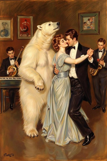 paulcesarhelleu1 illustration of a man and a woman dancing with a polar bear at a jazz club. A band is playing in the background.
 <lora:paulcesarhelleu1_cap_d6a3e11:0.8><lora:844406870077627188:0>