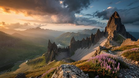 masterpiece,best quality,amazing quality,high resolution,ultra-detailed,absurdres,HDR,8K,high contrast,realistic,muted lithing,sharp focus,fine details,
A cinematic landscape photography of the view On a jagged peak surrounded by a sea of swirling clouds where sharp stone spires pierce the sky. At summer dawn, soft peach light grazes wind-scoured rock, distant ridges glow lavender, and the air tastes of cold stone. ,