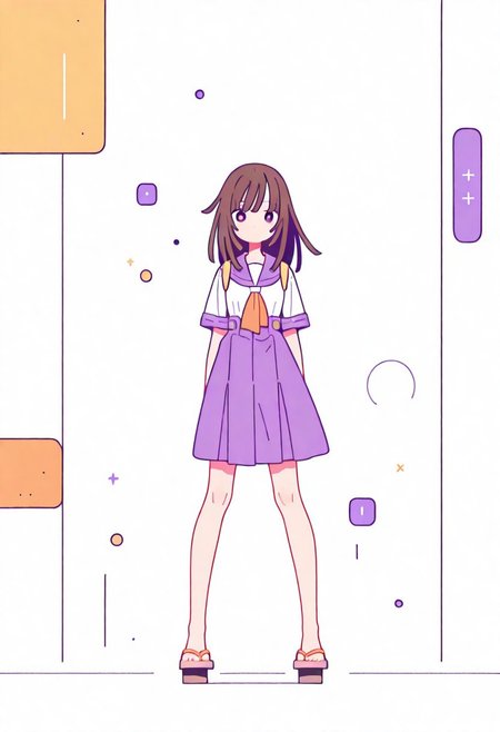 Flatline, Flat vector illustration, looking at viewer, full_body, 
nadeko, long hair, long bangs, brown hair, school_uniform, sailor, 
slim, slender, knees, long legs, beautiful legs, barefoot, geta wooden sandals, 
from front, front view, straight-on, look at viewer, standing, (legs apart:1.4), 
white background,