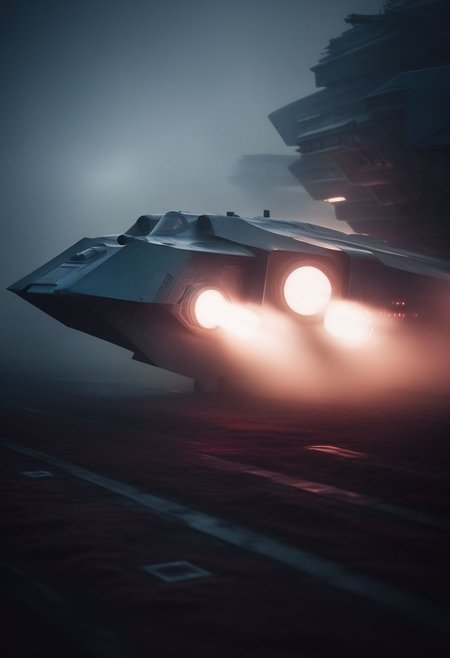 closeup shot of fight aircraft, in futuristic and sci-fi city, during twilight, dramatic, moddy, misty environment, low contrast muted colour tones, shot on a 500mm zoom lens, with a extreme shallow depth of field, creating a dreamy lens flare, shrouded in atmospheric fog, cinematic masterpiece, film noir asthetic, inspired by Christopher Nolan