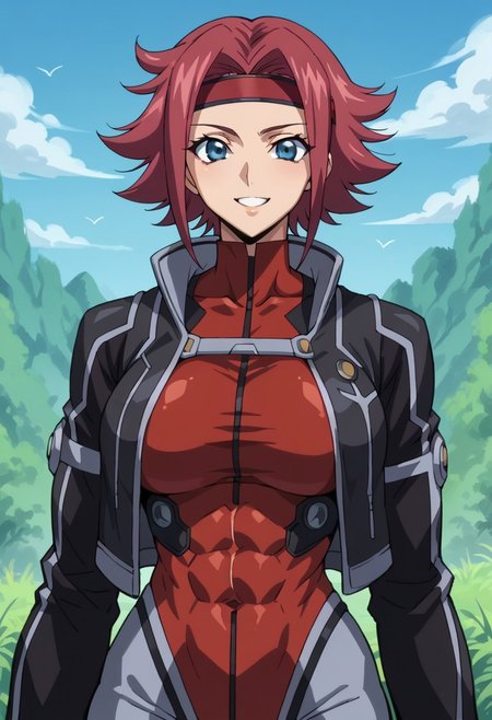 score_9, score_8_up, score_7_up, score_6_up, BREAK, 
1girl, solo, red hair, short hair, blue eyes, large breasts, Black jacket, red headband, body suit, pilot suit,
torso, beautiful face, (revealing clothes), (tight outfit: 1.3), tall girl, sexy smile, abs, very fit, muscles, toned, huge breasts, slut, whore, round breasts, breasts together,
