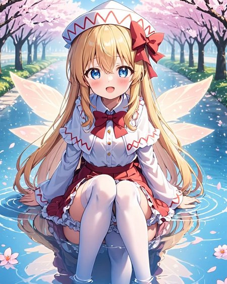 lily white,1girl, solo, petals, hat, white_headwear, open_mouth, long_sleeves, fairy_wings, blush, white_thighhighs, sitting, looking_at_viewer, cherry_blossoms, outdoors, fairy, :d, frills, no_shoes, red_bowtie, water, white_capelet, pink_flower, blurry, full_body, spoken_heart, red_skirt, reflection, knees_up, white_dress
<lora:lily_white_image2706_2023-12-17-000010:1>,star-shaped_pupils,symbol-shaped_pupils,. gorgeous,key visual, vibrant, studio anime,award-winning, professional, highly detailed,high budget, cinemascope