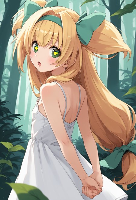 score_9, score_8_up, score_7_up, source_anime BREAK 1girl, solo, <lora:bb_platinum:0.9>, bb_platinum, from side, white sundress, bare shoulders, blonde hair, hair intakes, bangs, green hair bow, green hairband, long hair, low-tied long hair, quad tails, two side up, green eyes, heart-shaped pupils, looking at you, open mouth,  arms behind back, forest, <lora:zy_Detailed_Backgrounds_v1:0.5>