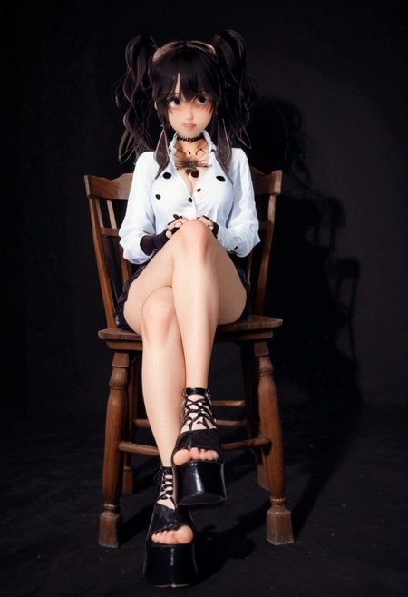score_9, score_8_up, score_7_up, 
dark background, low angle view,
sitting on chair, crossed legs, closed legs, legs together, knees together, feet together, posing for photo,
1girl, kaori_kadowaki, cleavage, busty, 
tattoo, 
twintails, 
heterochromia, blue eyes, 
long thin legs,
choker,
open white shirt, fingerless gloves, skirt,
thighhighs, platform shoes,
timid, blushing,
