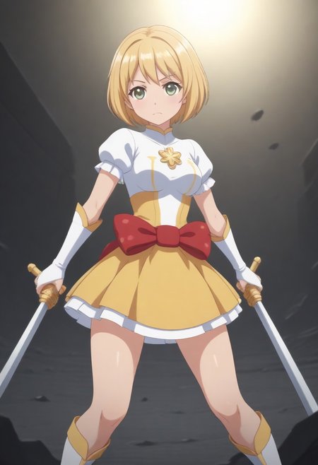 (outdoor, rubble, fantasy background, dim lighting:1.5), 
8k, super high vision:, intricate details, Super high quality, Super high resolution, masterpiece, full color, (anime art, anime screencap:1.5), 
super cute girl, super cute face, 
narrow waist, top heavy, tiny hips, small hips, skinny, tiny hips, hips, thigh, thighs, 
(brave perspective, holding sword, hold with both hands, hold a weapon in both hands, thunder sword, 1sword, weapon bearer, dynamic:1.5), 
(magical girl, short sleeve, skirt, knee socks:1.5), 
(beautiful breasts, medium breasts:1.5), 
(1girl, soro:1.5), 
(Ruruka, short hair, blonde hair, short girl, petite, cowboy shot:1.5),