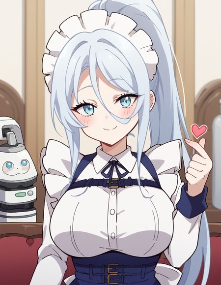 score_9, score_8_up, score_7_up, source_anime, <lora:sylpha-langlis-s1-ponyxl-lora-nochekaiser:1>, sylpha langlis, long hair, blue eyes, hair between eyes, ponytail, white hair,, large breasts, apron, maid, maid headdress, maid apron, frills, long sleeves,, staff room, table, chairs, coffee machine, relaxation, smile, <lora:finger-heart-ponyxl-lora-nochekaiser:1>, finger heart, heart, blush, smile,, looking at viewer, solo,, dutch angle, cowboy shot