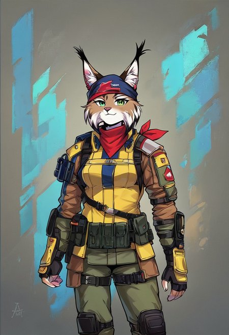 Score 9, Score_8_up, Score_7_up, ng_deepnegative_v1_75t, negative_hand, charturnerv2, knee-deep portrait of adult female,  banners, starship, high technology, shirt, fingerless gloves, soldier uniform,, , anime, Arknight provens, detailed background, cyberpunk, bandana,, furry,  lynx species,  lynx tail, lynx ears, muscle,