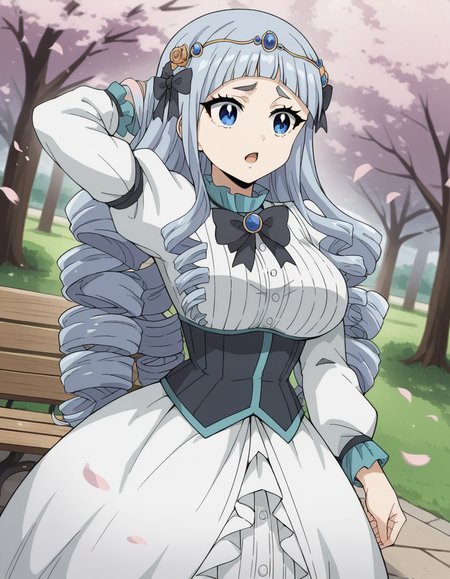 score_9, score_8_up, score_7_up, source_anime, <lora:fairy-tail-touka-100yq-ponyxl-lora-nochekaiser:1>, touka, long hair, bangs, blue eyes, grey hair, blunt bangs, tattoo, drill hair, large breasts, hair bow, circlet,, long sleeves, dress, bow, puffy sleeves, bowtie, white dress, black bow, juliet sleeves, black bowtie, park, cherry blossoms, bench, gentle breeze, peaceful, running, open mouth,, , , hand behind head, , solo,, dutch angle,