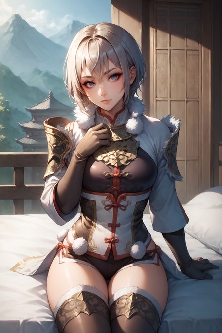 score_9, score_8_up, score_7_up, source anime, She lies on her side in bed, her head resting on her hand.,<lora:Lu_Lingqi_Dynasty_Warriors:0.7>1 girl, solo, short hair, armor, gloves, fur trim, thighhighs, looking at viewer, east asian architecture