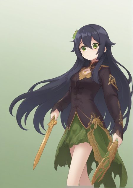 1girl, yamabuki (flower knight girl), furry female, black hair, expressionless, floral print, frills, green eyes, green skirt, holding, holding sword, holding weapon, left-handed, long hair, monster, print skirt, scabbard, shawl, sheath, skirt, solo, sword, unsheathed, weapon <lora:KOGOOMA:1>