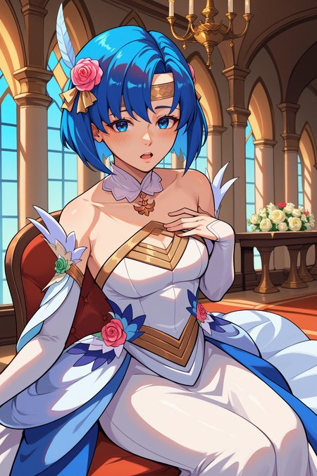 score_9, score_8_up, score_7_up, score_6_up, source_anime, 1girl, solo,  <lora:fecatria-pdxl-nvwls-v1-000006:1> brdCtra, blue hair, medium hair, blue eyes, hair flower, red flower, feather hair ornament, white headband, detached collar, wedding dress, detached sleeves, strapless, sitting, mansion, chandelier, chair, hand on own chest, looking at you, open mouth, blush