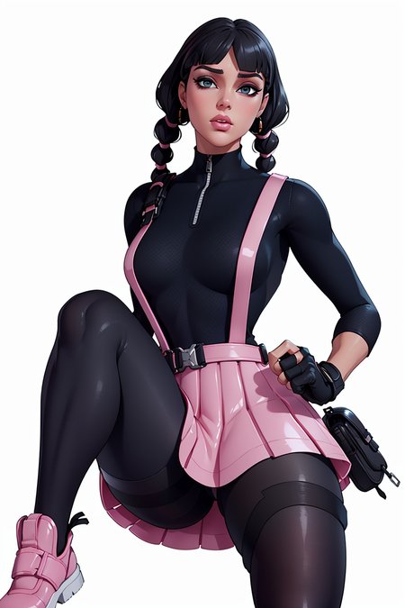 <lora:VRAMsChicPink:0.5> vramschic, 1girl, bangs, bodysuit, pink skirt, blunt bangs, twin braids, black hair, photoshoot, makeup, white background, simple background, fingerless gloves, suspenders, pantyhose, pouch, knee